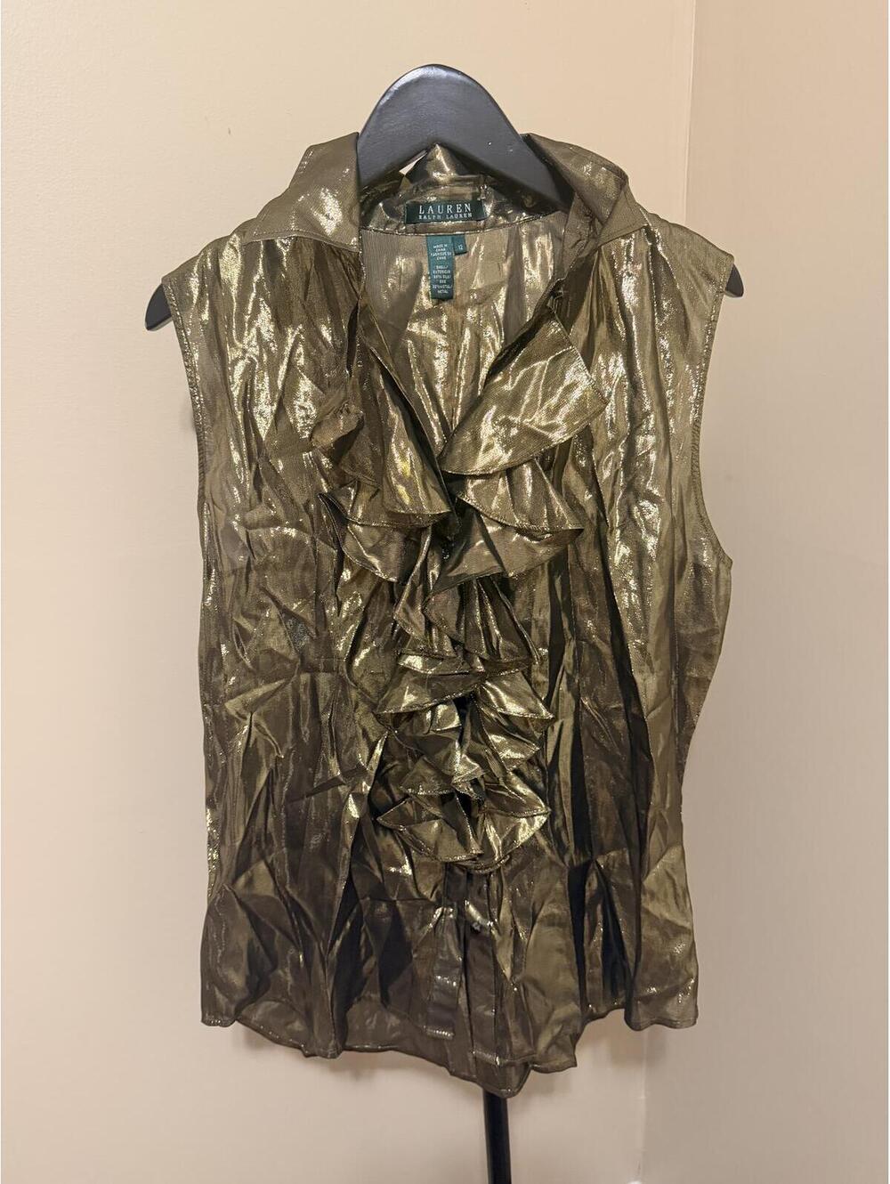 Lauren Ralph Lauren Gold Metallic Silk Ruffle Blouse Size 12 Sleeveless